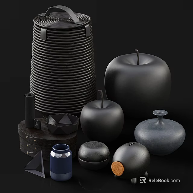 Modern Minimalist Ornamental Decor Set with Black Stacked Discs Apple Shaped Ornaments and Geometric Containers 3d model 