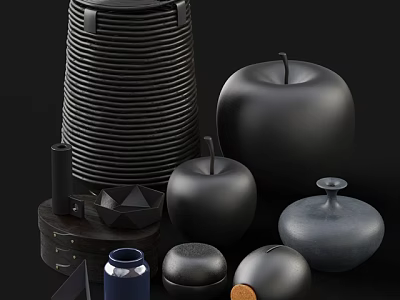 Modern Minimalist Ornamental Decor Set with Black Stacked Discs Apple Shaped Ornaments and Geometric Containers 3d model