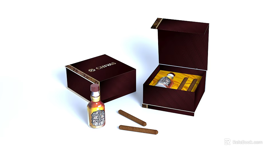 Dark Brown Cigar Boxes Open Case Containing Cigars Small Bottle And Loose Cigars 3d model 