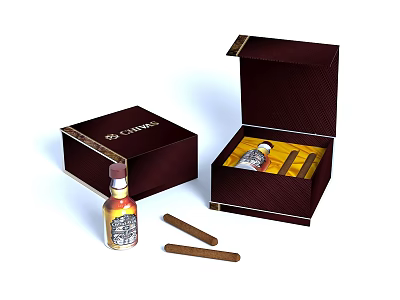 Dark Brown Cigar Boxes Open Case Containing Cigars Small Bottle And Loose Cigars 3d model