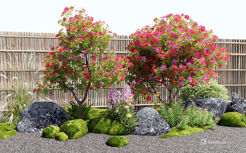 Vibrant Red And Pink Flowers In Garden With Bamboo Fence Rocks And Green Moss 3d model 