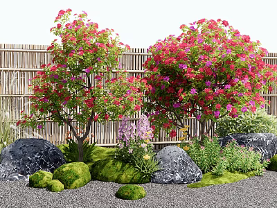Vibrant Red And Pink Flowers In Garden With Bamboo Fence Rocks And Green Moss 3d model