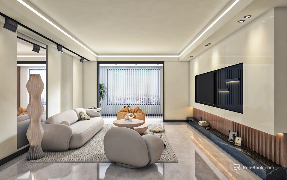 Modern Cozy Cream Style Living Room With Soft Curved Sofas And Elegant Hidden Lighting Design 3d model 