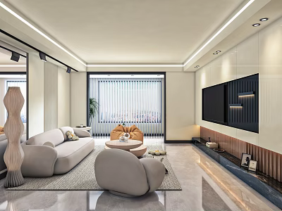 Modern Cozy Cream Style Living Room With Soft Curved Sofas And Elegant Hidden Lighting Design 3d model