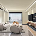 Modern Cozy Cream Style Living Room With Soft Curved Sofas And Elegant Hidden Lighting Design