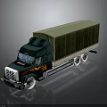 Dark Green Freight Truck With Flame Decals And Canvas Covered Cargo Bed