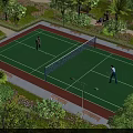 Sports Complex Tennis Court With Lush Greenery And People Playing Tennis