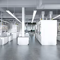 Modern Laboratory Interior With White Cabinets Fume Hoods And Reagents