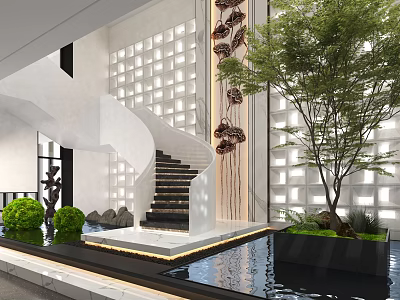 Modern Interior Design Featuring Spiral Staircase Water Pond And Decorative Wall 3d model