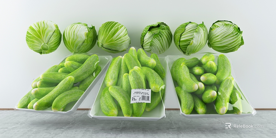 Fresh Vegetables Display With Green Cabbages And Crisp Cucumbers On White Trays 3d model 