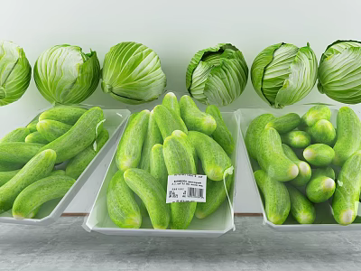 Fresh Vegetables Display With Green Cabbages And Crisp Cucumbers On White Trays 3d model
