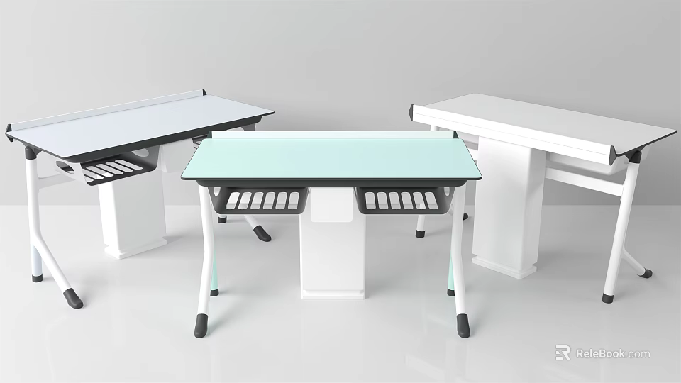 Functional Desk With Light Green Glass Top White Legs And Storage Compartments 3d model 