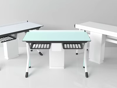 Functional Desk With Light Green Glass Top White Legs And Storage Compartments 3d model