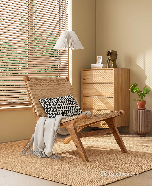 Natural Rattan Lounge Chair With Wooden Frame Black White Checkered Pillow Gray Throw In Sunlit Room 3d model 