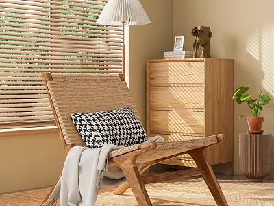 Natural Rattan Lounge Chair With Wooden Frame Black White Checkered Pillow Gray Throw In Sunlit Room 3d model
