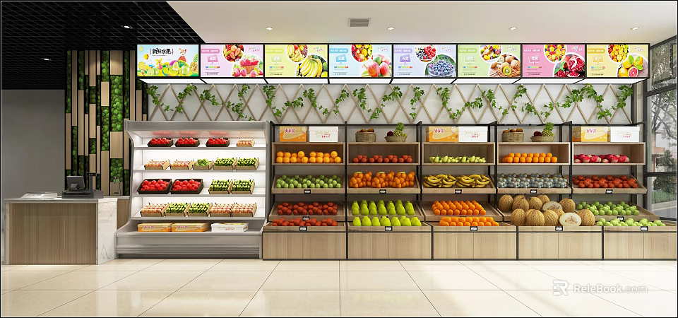 Fruit Store Interior With Shelves Full Of Fresh Fruits Colorful Billboards And Green Vine Decorations 3d model 