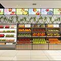 Fruit Store Interior With Shelves Full Of Fresh Fruits Colorful Billboards And Green Vine Decorations