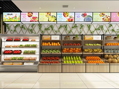 Fruit Store Interior With Shelves Full Of Fresh Fruits Colorful Billboards And Green Vine Decorations 3d model
