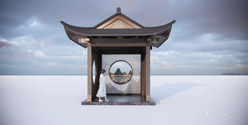 Traditional Chinese Pavilion With Traditional Roof Circular Window And Person In White Dress Standing 3d model 