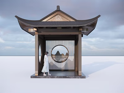 Traditional Chinese Pavilion With Traditional Roof Circular Window And Person In White Dress Standing 3d model