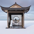 Traditional Chinese Pavilion With Traditional Roof Circular Window And Person In White Dress Standing