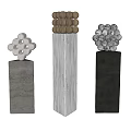 Three Abstract Sculptures With Metal Balls On Concrete Pedestals Geometric Stacked Designs