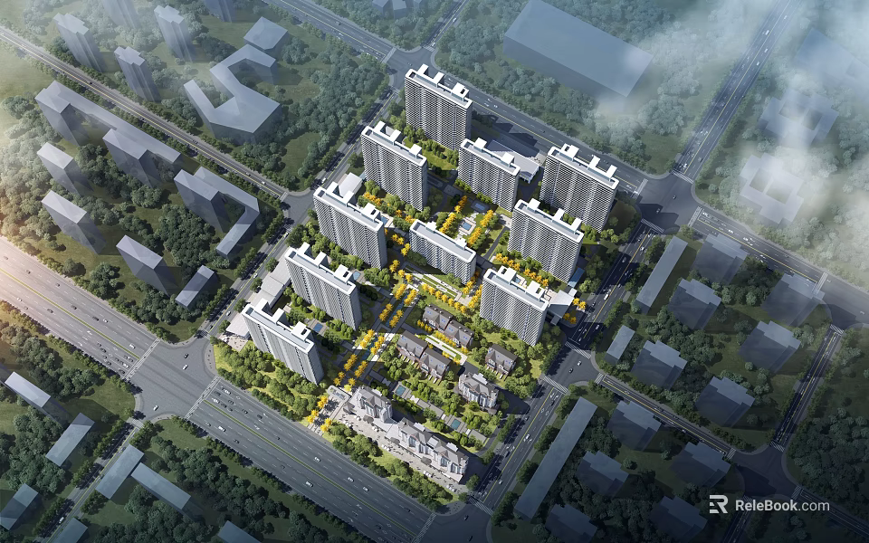 Aerial Planning of Residential Community With High Rise Buildings And Green Spaces 3d model 
