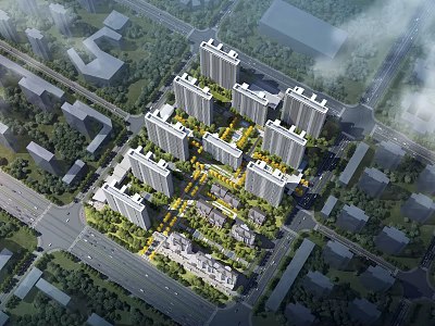 Aerial Planning of Residential Community With High Rise Buildings And Green Spaces 3d model