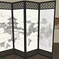 Modern Chinese Four Panel Room Divider Screen With Ink Landscape And Carved Frame
