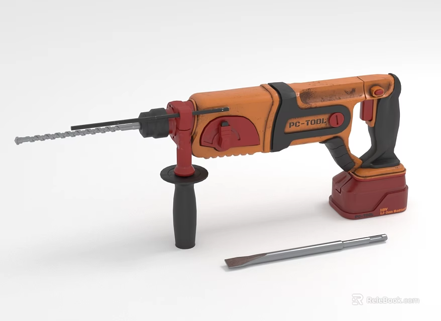 Orange And Black Rotary Hammer Drill With Drill Bit And Chisel Professional Power Equipment 3d model 