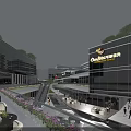Modern Commercial Street With Glass Facades Greenery And Leisure Plaza Space