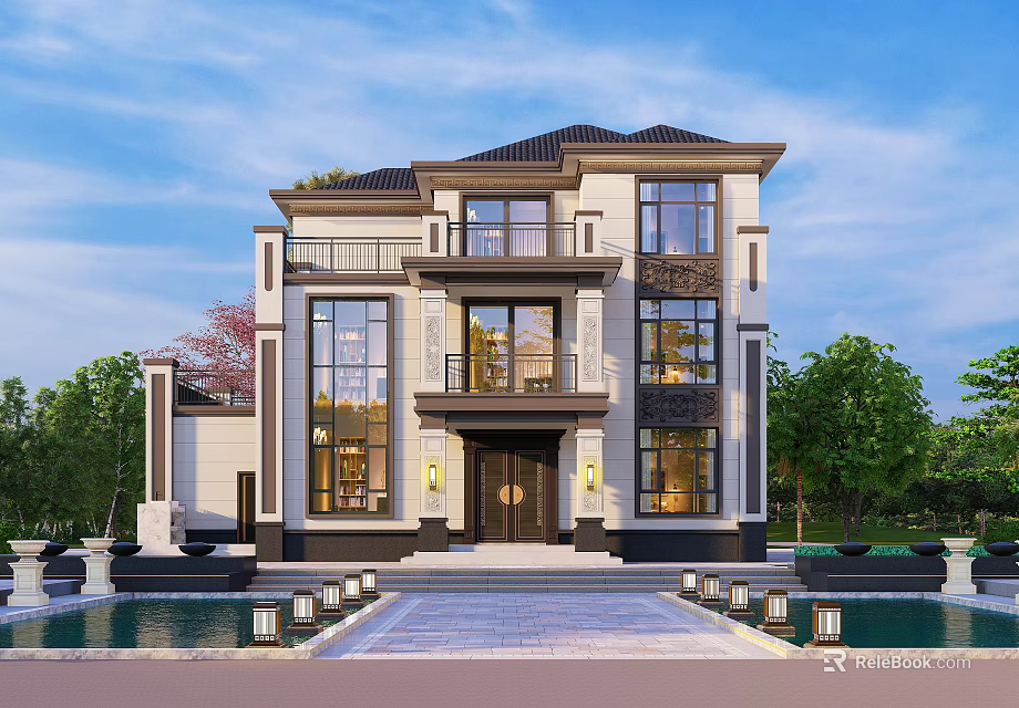 Modern Three Story Detached Villa Exterior With Front Pool Stone Steps And Greenery 3d model 