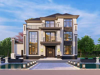 Modern Three Story Detached Villa Exterior With Front Pool Stone Steps And Greenery 3d model