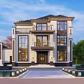 Modern Three Story Detached Villa Exterior With Front Pool Stone Steps And Greenery