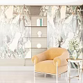 Brown Textured Single Seater Sofa In Room With Green Marble Wallpaper Side Table And Bookshelf
