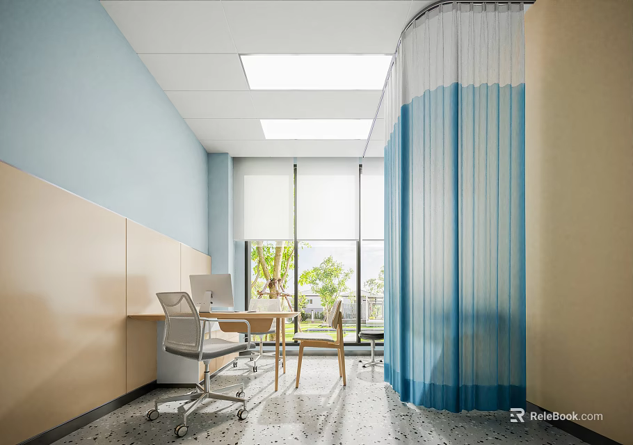Modern Hospital Outpatient Clinic Interior With Desk Chair Curtain And Windows 3d model 