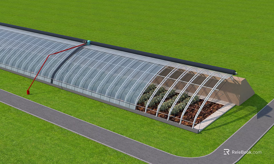 Modern Industrial Factory With Curved Glass Roof Green Grass And Gray Road Surroundings 3d model 