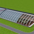 Modern Industrial Factory With Curved Glass Roof Green Grass And Gray Road Surroundings