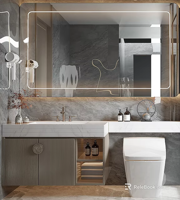 Modern Bathroom Vanity Cabinet With Marble Countertop LED Lighted Mirror And Storage Sink 3d model 