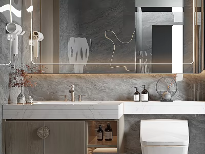 Modern Bathroom Vanity Cabinet With Marble Countertop LED Lighted Mirror And Storage Sink 3d model