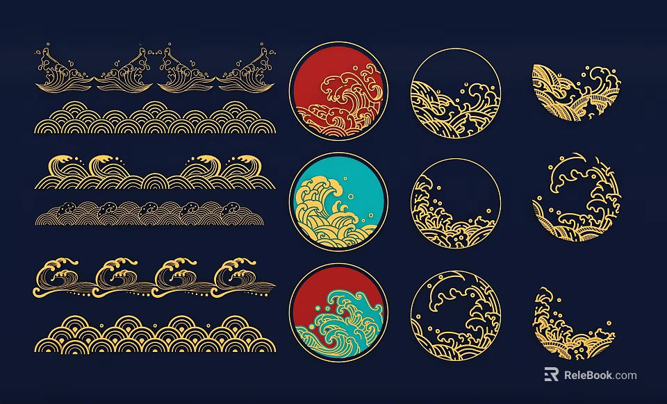 Elegant Wall Decor Featuring Golden Wave Patterns And Circular Red Blue Designs 3d model