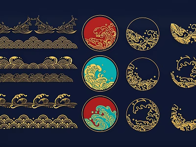 Elegant Wall Decor Featuring Golden Wave Patterns And Circular Red Blue Designs 3d model