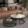 Modern Brown Leather Sofa and Round Coffee Table Set with Marble Top Metal Frame 3d model