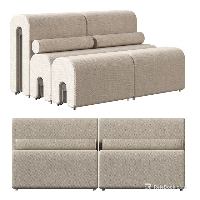 Modern Beige Fabric Two Seater Sofa With Modular Sections And Soft Backrest Design 3d model