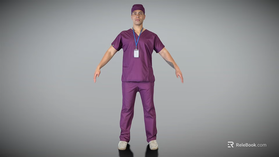 Man In Purple Scrubs Standing With Cap And ID Badge On Gray Background 3d model 