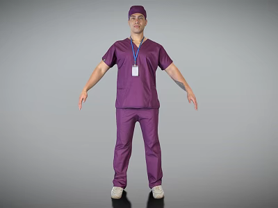 Man In Purple Scrubs Standing With Cap And ID Badge On Gray Background 3d model