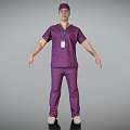 Man In Purple Scrubs Standing With Cap And ID Badge On Gray Background