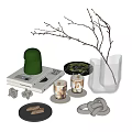 Elegant Decorative Ornament Set With Green Accent Books Moss Plant Twigs And Vase