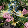 Kids Play Area Featuring Cherry Blossom Trees Green Lawns Colorful Curved Pathways Circular Play Designs