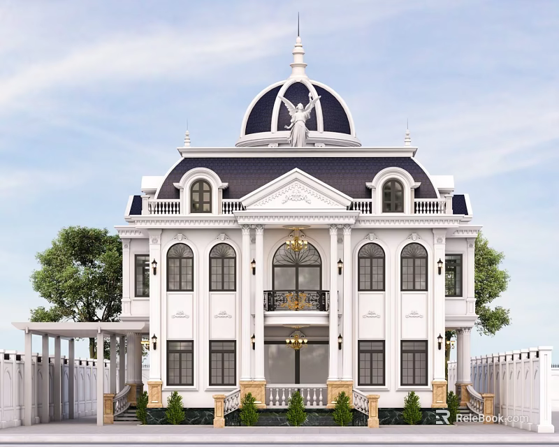 Elegant White Exterior Detached Villa With Black Roof Dome Statue And Balcony 3d model 